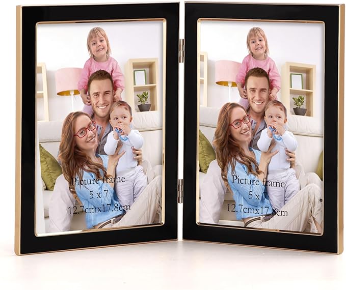 Giftgarden 5x7 Double Picture Frame Black with Tempered Glass Display 5 by 7 Photo, Metal Hinged Folding Frame for Tabletop or Wall