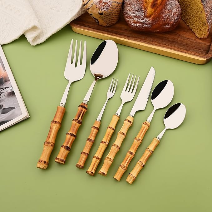 Mirror Polished Silverware Set - Bamboo Handle Cutlery Set - Stainless Steel Flatware Serving Set for Home Restaurant Wedding and Parties - 4 Pieces Serving Utensils
