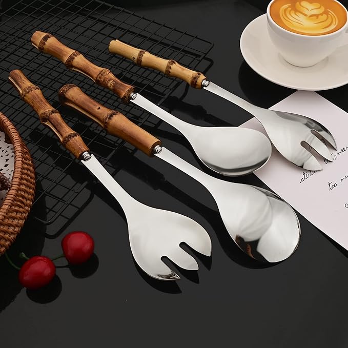 JASHII Bamboo Handle Utensils, 304 Stainless Steel Silverware Serving Spoons and Forks 4+4 Pieces, Hostess Serving Set for Buffet Party Kitchen Restaurant, Mirror & Dishwasher Safe - Silver