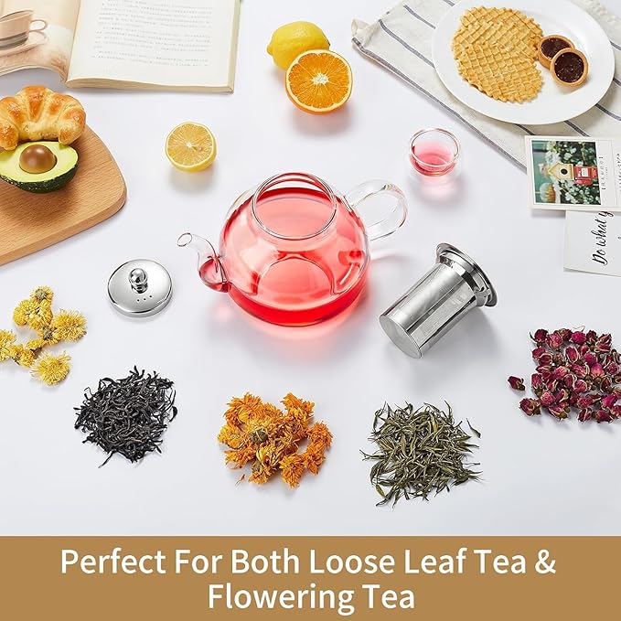 39OZ (1150ML) Glass Teapot with Infuser Stovetop Safe, Clear Glass Tea Pot Kettle, Borosilicate Tea Pot with Infusers Filter for Loose Tea, Tea Kettle Dishwasher Safe