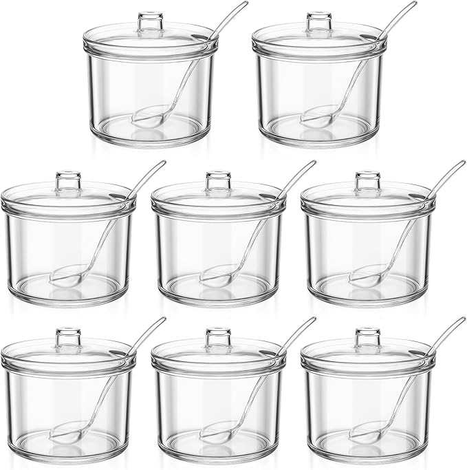 8 Pieces Clear Acrylic Sugar Bowl, 7.1 oz Seasoning Box, Condiment Pots with Spoon and Lid, Sugar Spice Salt Canister for Home Kitchen, Coffee Bar, Restaurant