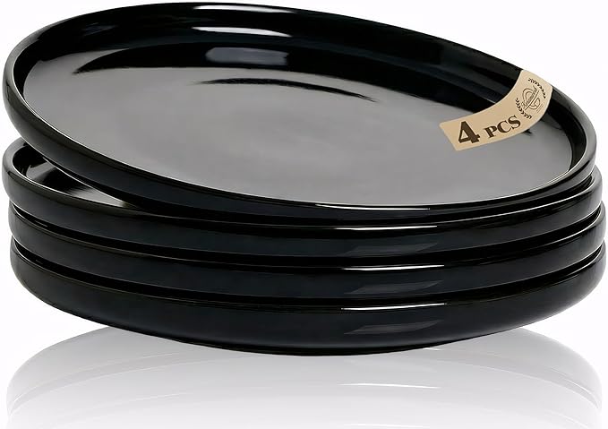 Black Dinner Plates Set of 4,Ceramic Dining Plates 10 Inch,Large Salad Plate,Stoneware Kitchen Plate for Pizza,Steak,Scratch Resistant,Microwave and Dishwasher Safe