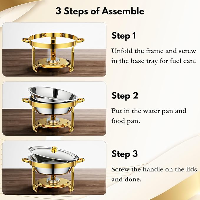 Gold Chafing Dishes for Buffet Set of 3, 5QT Round Chafing Dish Buffet Set, Chafer and Buffet Warmer Set, Stainless Steel Food Warmer for Parties Buffet, Party Food Warmer Buffet Set with Tongs