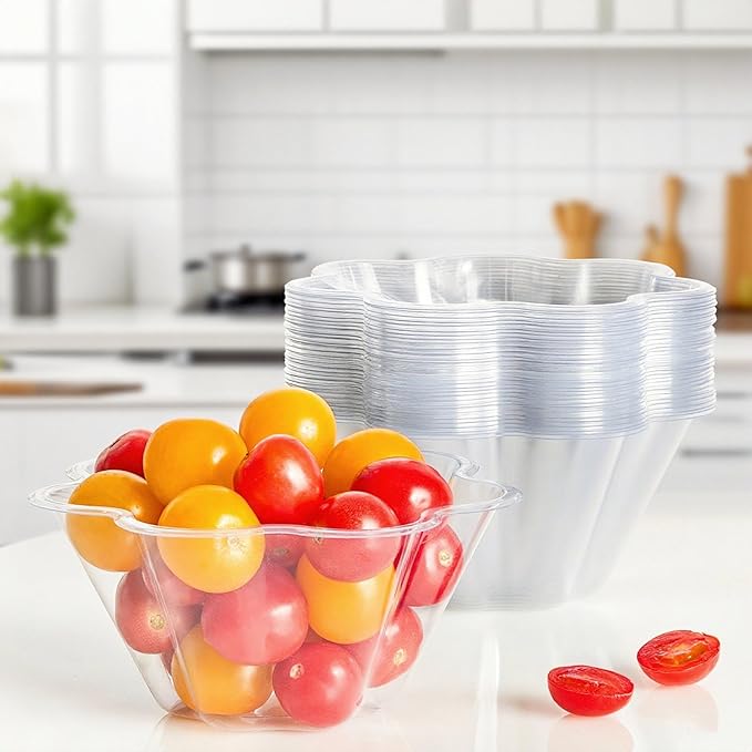 TOFLEN 17 Oz Clear Plastic Bowls for Parties, 50 Pack Flower Shaped Disposable Hard Plastic Party Bowls for Dessert, Ice Cream, Parfait, Fruit, Salad, Snack and More Cold Food