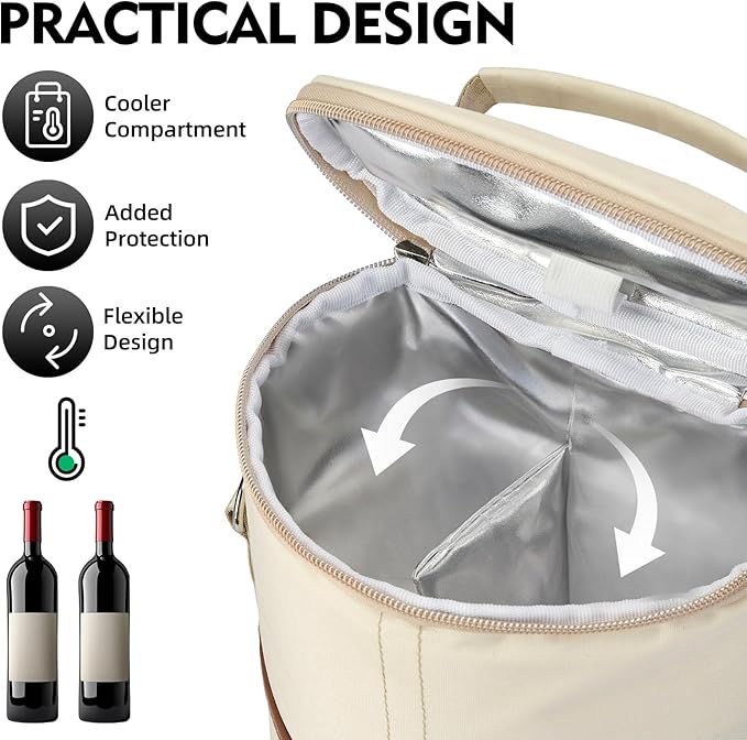 ALLCAMP 2 Bottle Wine Tote Carrier - Insulated Portable Padded Canvas Wine Bag for Travel, BYOB Restaurant, Wine Tasting, Party, Great Christmas Day Gift for Wine Lover，Cream-colored