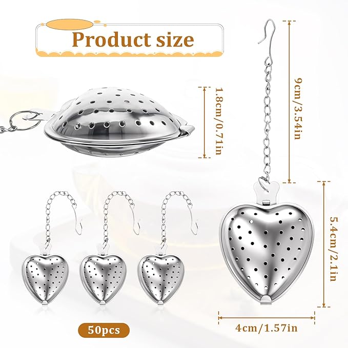 50 Pcs Tea Strainer Stainless Steel Ball Infuser Mesh Heart Shaped Tea Strainer Loose Leaf Steeper Interval Diffuser with Extended Chain Hook Tea Filters for Seasonings Cup Bottle