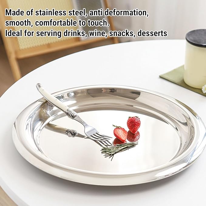 Stainless Steel Round Serving Tray, 35cm Mirror Polished Rustproof Tray with Smooth Edges for Drinks Snacks Desserts Whiskey Home Decor