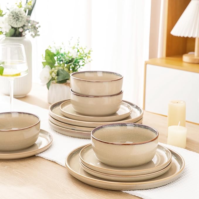 AmorArc Stoneware Dinnerware Sets,Round Reactive Glaze Ceramic Plates and Bowls Sets,Highly Scratch Resistant | Dishwasher & Microwave Safe Dishes,Service for 6 (18pc)