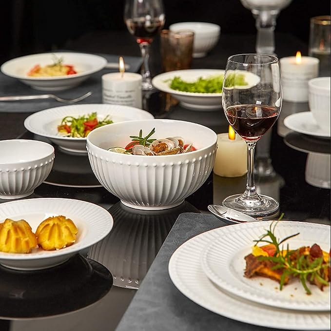 Ceramics Dinner Sets, 56 Pieces Relief Stripe Cereal Bowl and Steak Plate Set | Pure White Porcelain Dinnerware Set for Family Gathering