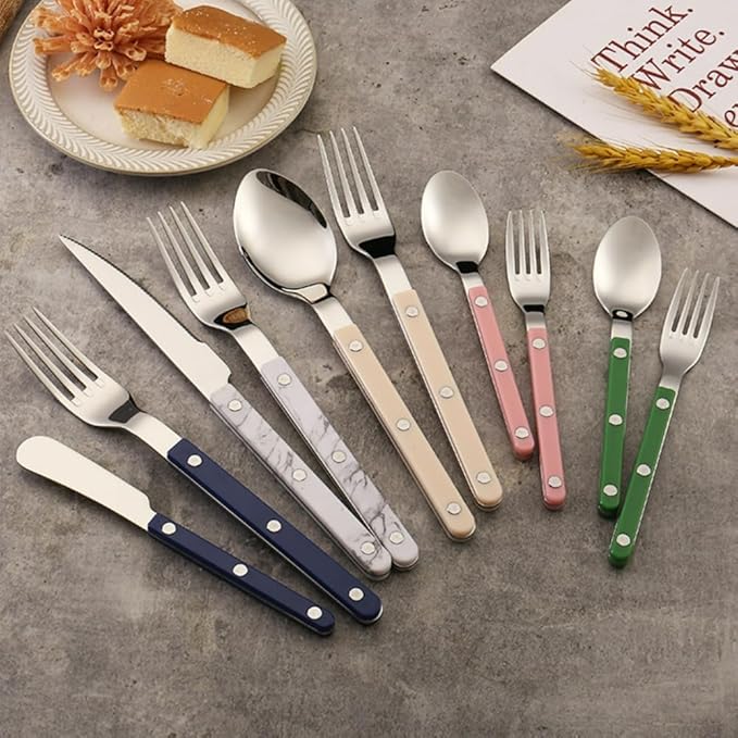 ABS Rivet Handle Marble Pattern Handle Kitchen Stainless Steel Silverware Tableware Flatware Cutlery Knives Forks Spoons Set,Butter Knife Dessert Spoon Fork (6-piece set -4 set,Blue)