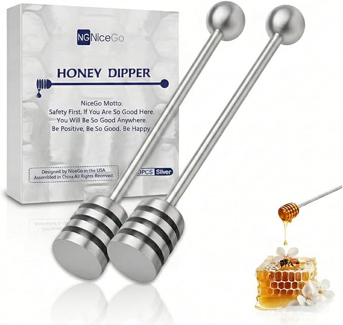 Honey Dipper. Premium 304 Stainless Steel Honey Dipper Set, 6.3 Inch Kitchen Stirrer, 2 Pack Deep-Groove Honeycomb Sticks for Syrup, Molasses, and Sauces, Dishwasher Safe. 2 PCS in One Box.