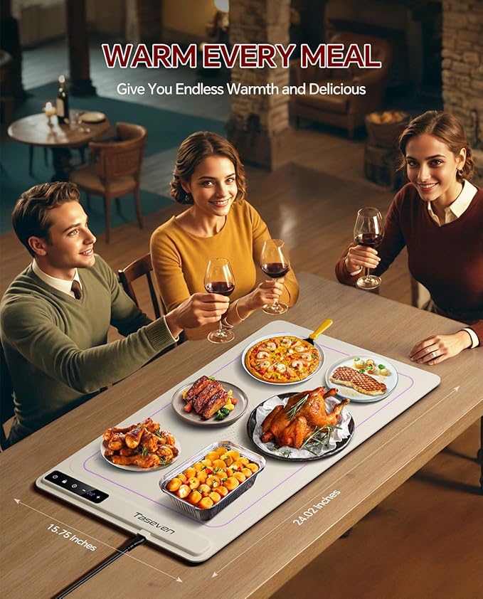 Food Warming Mat, Silicone Heating Tray with 7 Temperature Settings, Quick Full Surface Heating Pad, Thermochromic Line, Kids Lock, Food Warmers for Parties