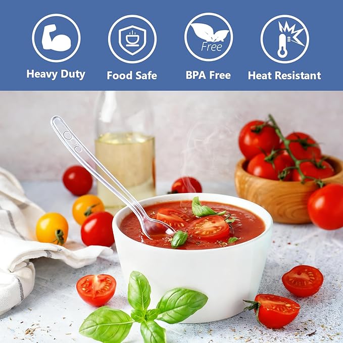 SACATR 100 Count Plastic Spoons,Heavy Plastic Silverware,Premium Disposable Spoons, BPA-Free, Heat Resistant, Suitable for Parties, Events and Everyday Use