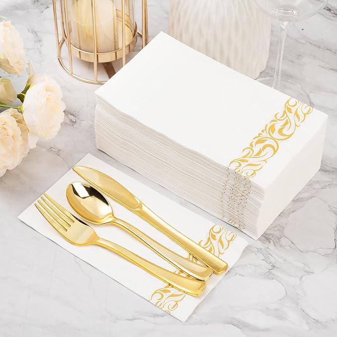 BESTVIP 400 Pack Disposable Paper Napkins,3-Ply Dinner Napkins with Gold Trim for Guests,Bathroom Paper Hand Towels Soft and Absorbent,Perfect for Christmas,Kitchen,Dinner,Party,Wedding or Event