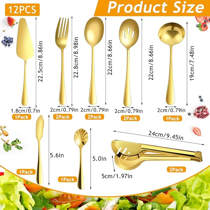 Gold Serving Utensils,12 Pcs Stainless Steel Serving Utensils Set with Slotted Spoons,Serving Spoons,Forks,Tongs,Butter Knife,Soup Ladle,Pie Server,Buffet Serving Utensils for Parties Wedding