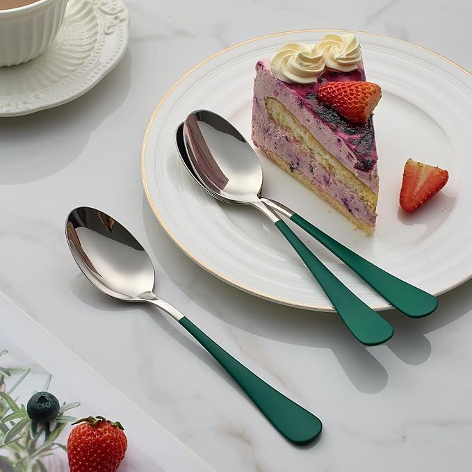 green Dinne spoons Set 12 Piece,Green Handle Silverware 18/0 Stainless Steel Flatware Bulk7.3-inch Dessert Spoons Sets Table of 12,Mirror Finished Dishwasher Safe