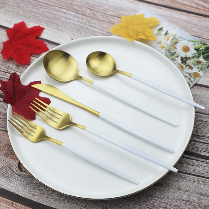 Gold Silverware Set JASHII 40 Pieces Matte Flatware Set 304 Stainless Steel Flat Cutlery Set for 8 White Handle Forks Knife Spoons Set, Satin Finish Tableware Set for Home Restaurant Dishwasher Safe
