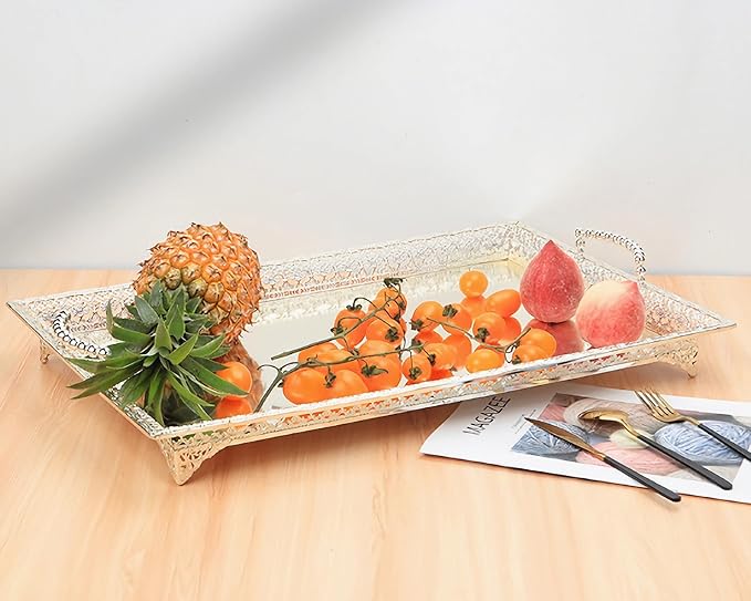 Rectangle Metal Fruit Tray, Vintage Serving Tray with Handle,Party Decorative Food Dessert Storage Plate for Kitchen Countertop Party Wedding,Sliver