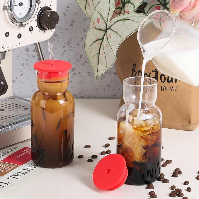 CWHHRN 17 oz Glass Cups with Lid and Straw, Glass Tumbler with Straw and Lid, Vintage Glassware for Whiskey Cocktail Beer Juice, Iced Coffee Cups with Lid (3 PACK)
