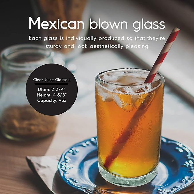 MexHandcraft Clear Blown 9 oz Juice Glasses (set of 6) Mexican Handmade Glassware, Recycled Glass, Lead-free, Toxin-Free (Juice)
