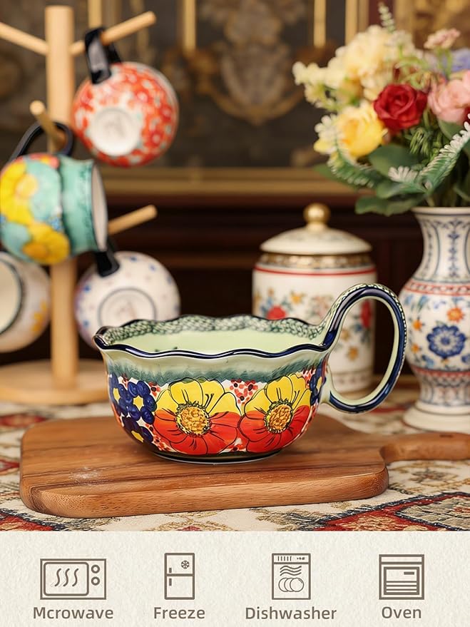 silesia Handmade Ceramic Soup Bowl, 30 oz Hand Painted Bowl with Loop Handle, Floral Design Cereal Bowl for Soup, Ice cream, Snack, Microwave & Dishwasher Safe (Glazed Green)
