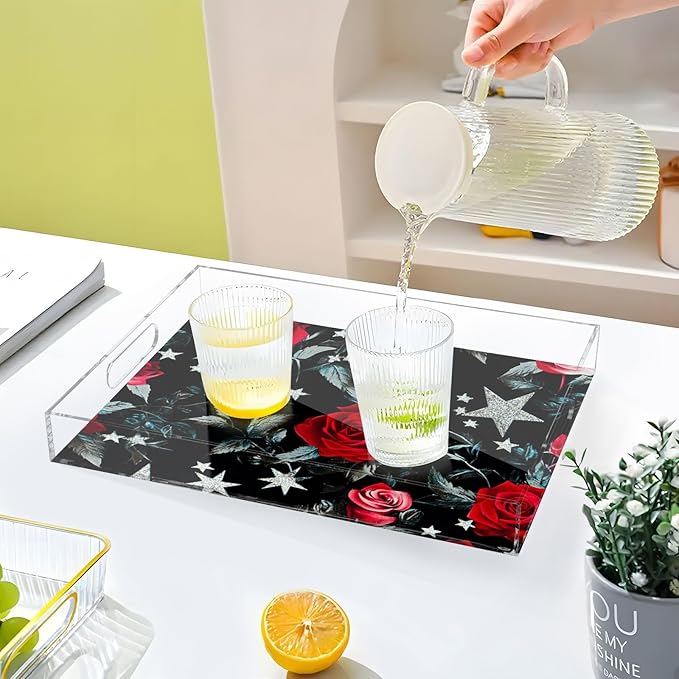 Clear Serving Tray with Handles Silver Stars Red Roses Acrylic Tray for Bed 12 x 16 Spill-Proof decoración