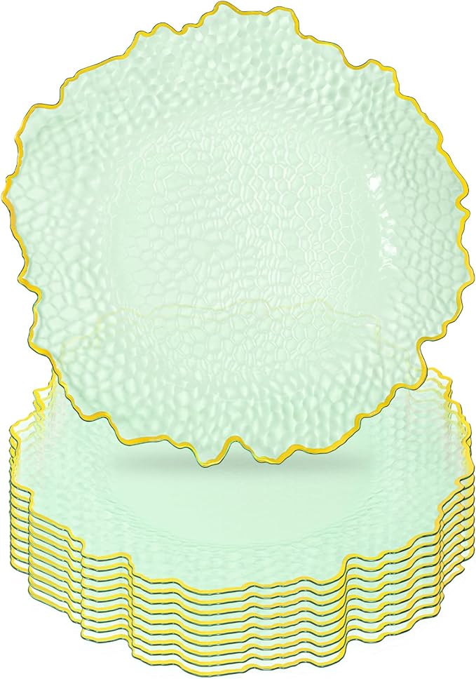 10 Pcs Clear Charger Plates 13 Inch Hammered Green Plastic Charger Plates with Gold Rim, Transparent Green Chargers for Dinner Plate, Stone Texture Plate Round Chargers for Wedding Party, Event