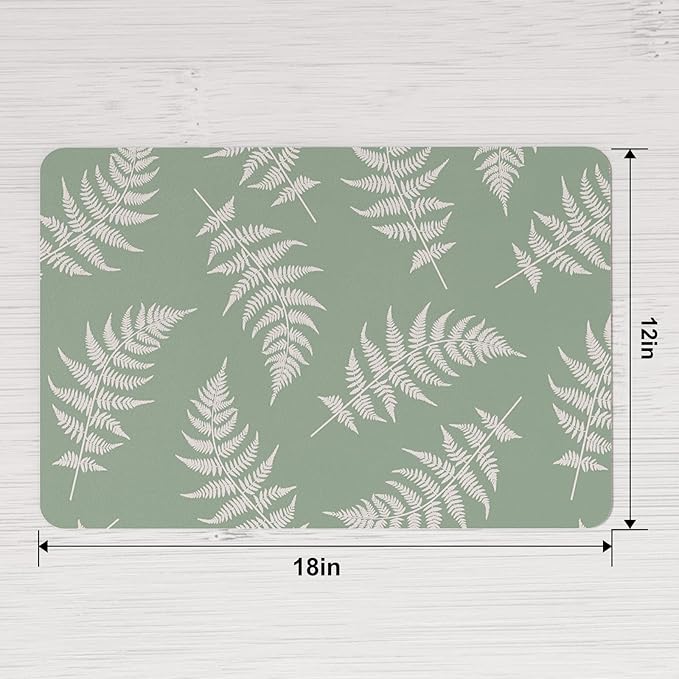 QIYI Placemats Set of 6, 12x18 Inch PU Leather Place Mats for Kitchen Dinning, Heat Resistant Anti Slip Green White Table Mats, Waterproof Wipeable Washable Placemat Party Table Décor, Fern Leaves
