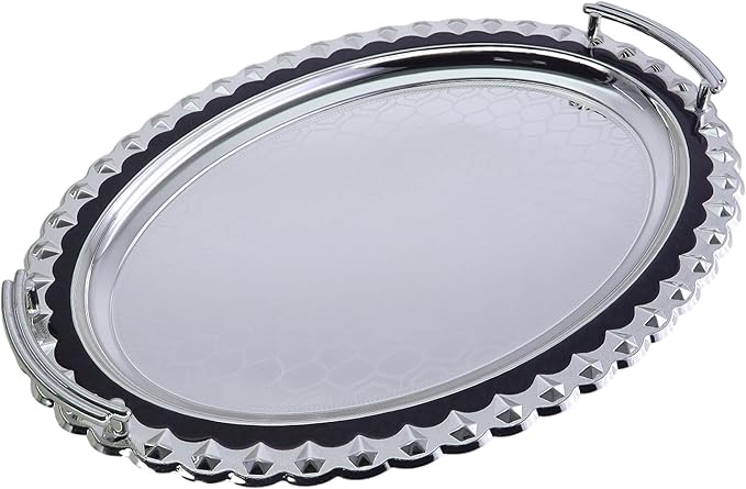 (Pack of 2) 17.8 inch x 13 inch Oval Chrome Plated Silver Serving Tray Stylish Design Floral Engraved Blue Edge Party Decorative Birthday Gift Dessert Platter Plate NC-105