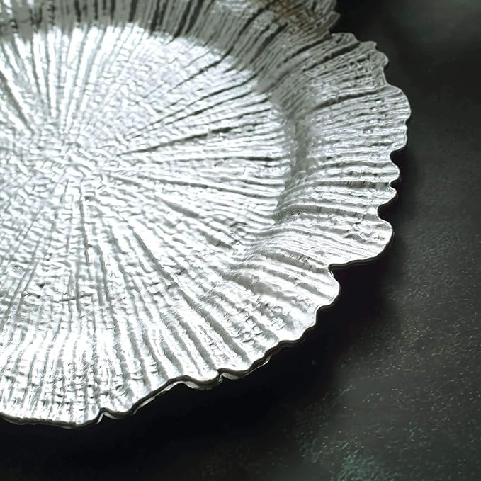 13" Charger Plates - Set of 24 - Acrylic Silver Round Reef Disposable Chargers, Ideal for Dinner Party Wedding Holiday Bulk Events