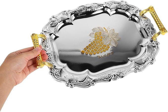 European Style Vintage Thickened Round Stainless Steel Serving Tray with Handles for Hotels Restaurants Home Dining Table Snack Fruit Food Platter