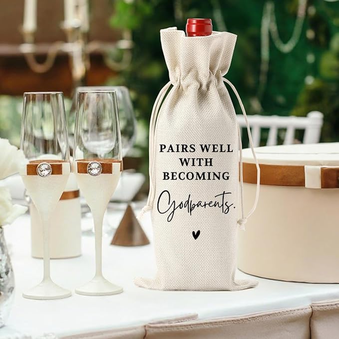 Godparents Proposal Gifts, Godparents Gifts Wine Bag, Pairs Well With Becoming Godparent Burlap Bottle Bags With Drawstring for Godmother Godfather Baby Shower Baby Announcement Pregnant Reveal