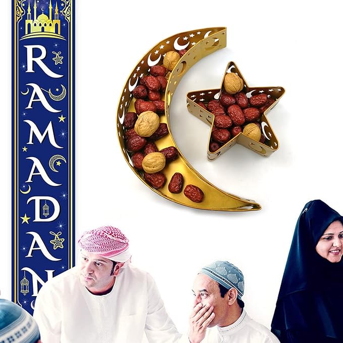 Eid Mubarak Moon Star Tray, Ramadan Decoration Ramadan Trays, Muslim Wooden Plate Tray Moon Star Shaped Food Fruit Serving Tray, Eid Mubarak Dessert Tray for Ramadan Festival Party(Golden A1)
