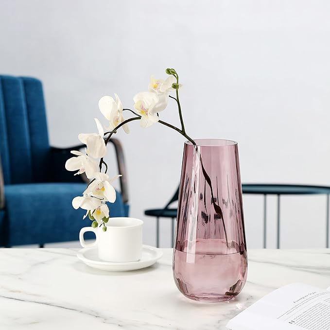 Modern Large Glass Vase H-9.8" Pink Vases for Flowers, Centerpieces and Decorative Accents - Tall Plant Vase for Office Home Table Decor