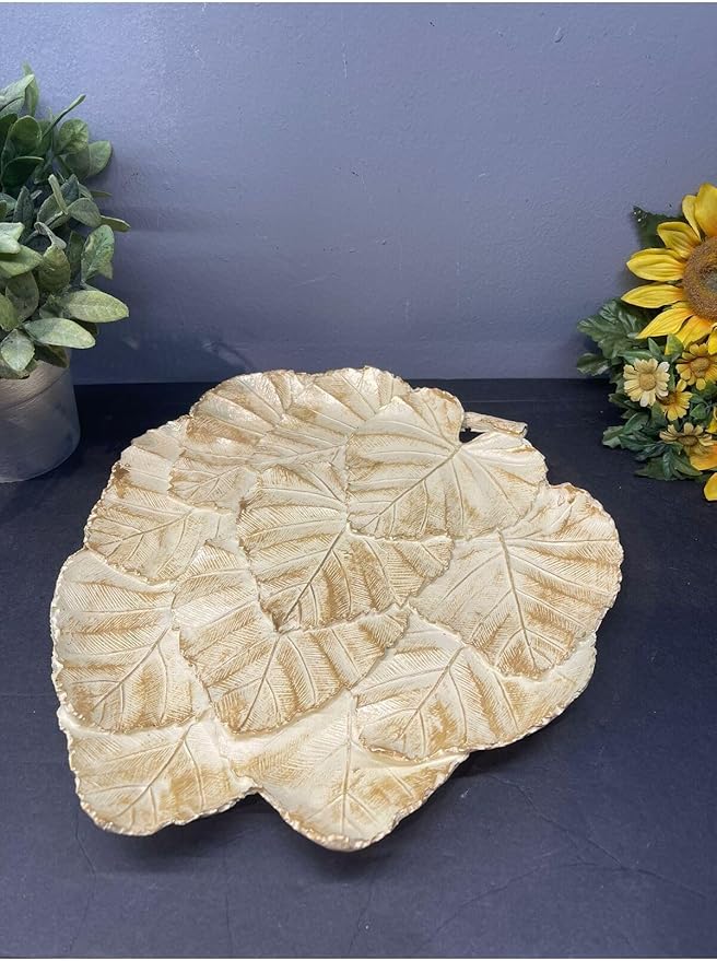Leaf Serving Tray Decorative Polyester Silver Black Antique Finish, Abstract Home Decor, Tabletop Ornament, One Size - Cream Gold Antique Finish, One Size