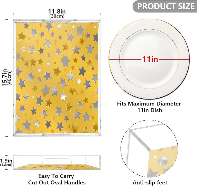 Serving Tray with Handles Clear Acrylic Tray 12x16 Inch Decorative Rectangular Tray Organizer for Ottoman Coffee Table Bathroom Silver and Golden Stars