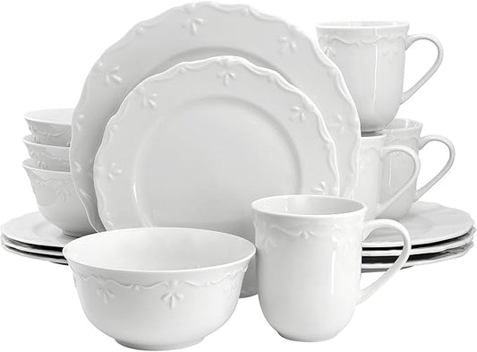 Elama Henryi 16 Piece Embossed Rim Detail Porcelain White Dinnerware Set, Tableware Set, Serveware (16 Piece)