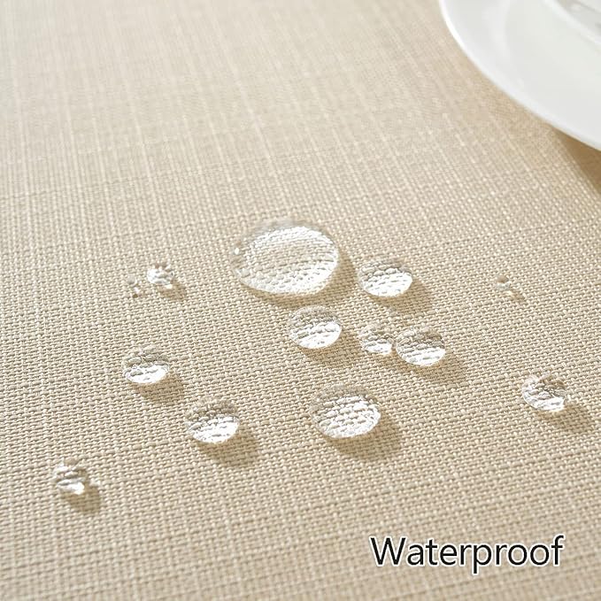 Faux Linen Round Tablecloth, Waterproof Wrinkle Free Woven Textured Table Cloth, Soft Fabric Table Cover for Home Dining, Party, Wedding, Holiday (70 Inch Round, Flax/Beige/Taupe)