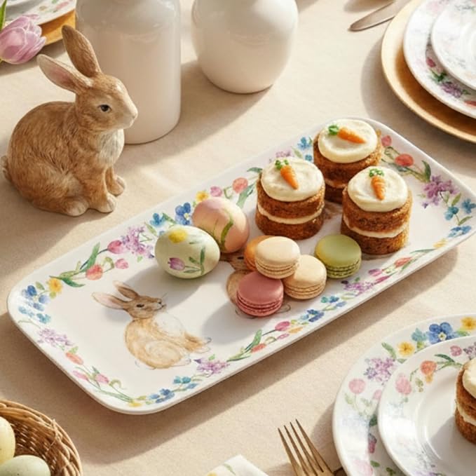 UPware Easter Bunny Melamine Serving Tray, 15 x 6.5 Inch Rectangular Serving Platter, BPA Free Food Tray for Party Entertaining