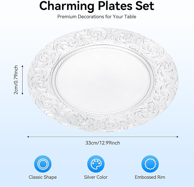 100 Pcs Antique Charger Plates 13 Inch Embossed Rim Plastic Decorative Round for Table Setting Wedding Party Event Tabletop Setting Decor (Silver)