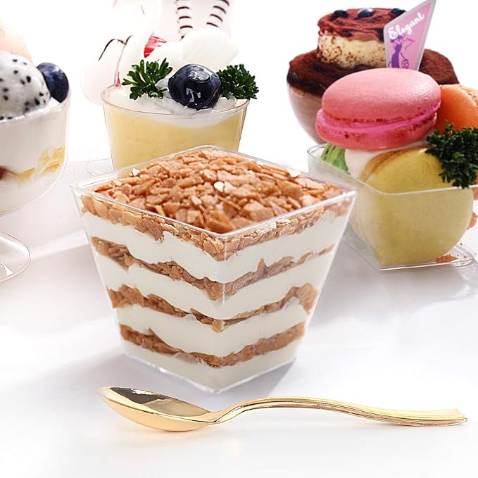 supernal 100pcs Square Plastic Dessert Cups (4oz) with 100pcs Mini Gold Spoons, Plastic Parfait Appetizer Cup, Medium Clear Dessert Cups Perfect for Cakes, Ice Cream, Desserts Appetizers