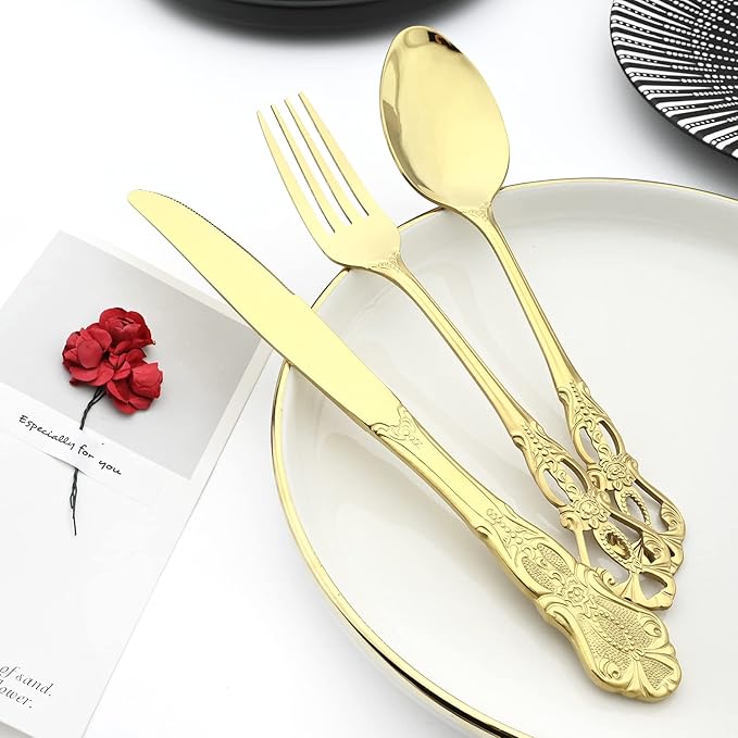 Elegant 32-Piece (4 Set) Retro Flatware Set, Stainless Steel Cutlery Set - Complete Eating Tableware Serving Set, Dishwasher Safe, Shiny Mirror Polish (Champagne)