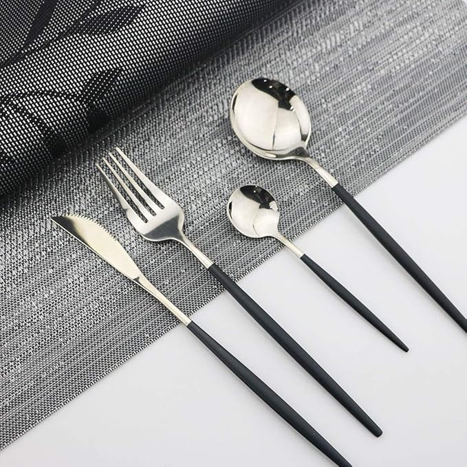 JASHII 24 Piece Titanium Black Plated Stainless Steel Flatware Set,Black Handle With Silver Mouth Flatware Set, Black With Silver Cutlery Set Service for 6 (Black Handle, Shiny Silver)