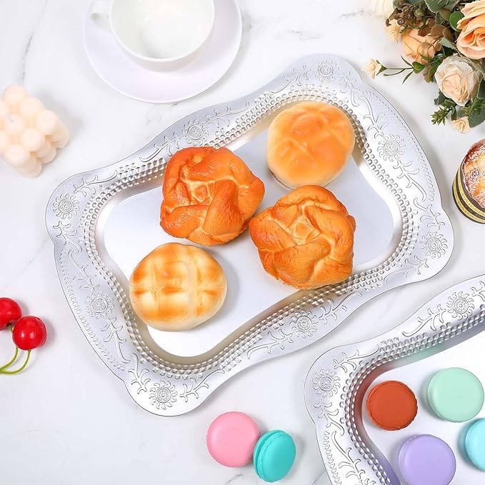 10 Pcs Plastic Serving Trays Rectangle Platters for Dessert Display Tray for Decoration Embossed Serving Platter Dish for Parties, Weddings, Engagements, Birthdays (13" x 9",Silver)