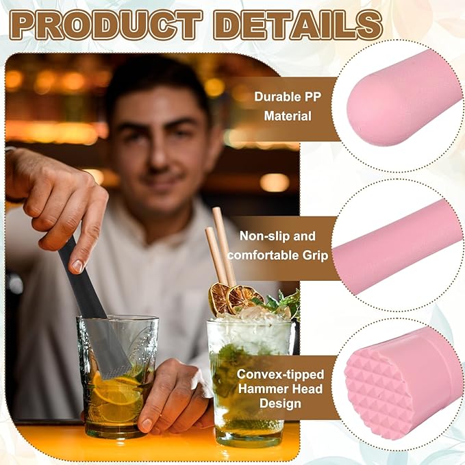 uxcell 8 Pcs Cocktail Muddler, 8 Inch PP Drink Muddler Bar Accessories Tools Ice Crusher for Home Party Cocktail Fruit Drinks, Pink (Thick)