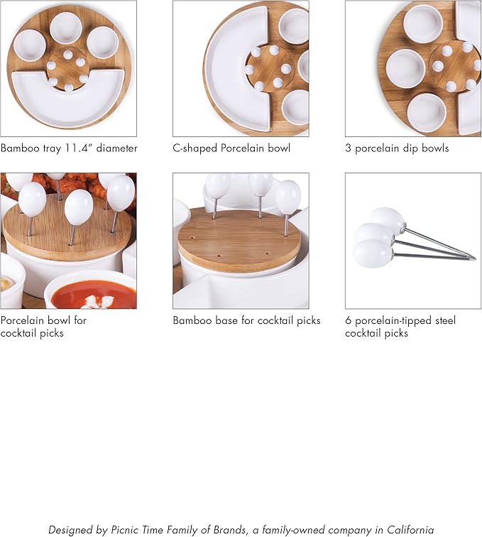 PICNIC TIME NFL Symphony Appetizer Serving Tray Set, Party Platter Set, Appetizer Plate, (Bamboo & White Ceramic)