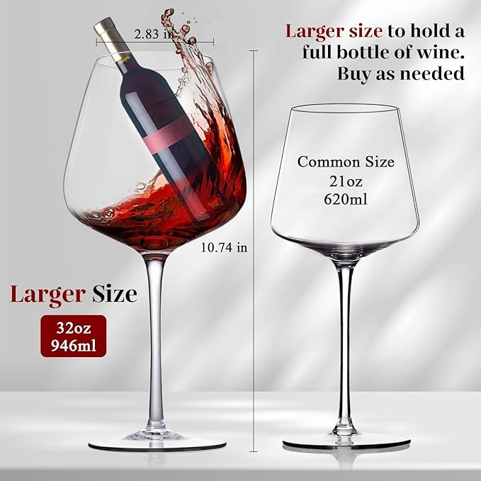 Extra Large 32oz Wine Glasses Set of 4 - Hand Blown Red Wine Glasses With Long Stem - Crystal Giant Burgundy Red Wine Glasses Clearer, Thin, Gift Packaging for Mothers Day, Wedding,Birthday