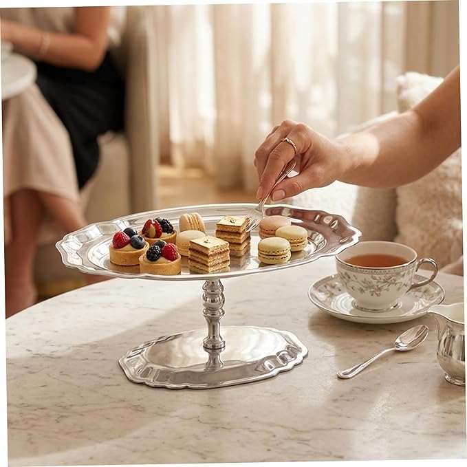 Elegant Oval Silver Serving Tray with Footed Base - 304 Stainless Steel Display Serving Platter for Desserts, Fruit, Snacks Silver Tray Oval Platter