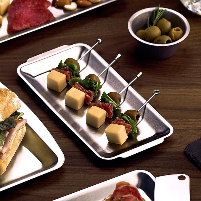 SUS304 Stainless Steel Serving Platters, Rectangle Metal Dinner Plate with Handles, Decorative Tray, Lightweight, Cheese Board, Oven Safe (8.66 x 4.33 inches)