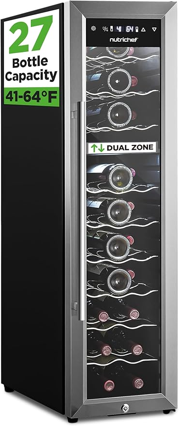 Nutrichef 27 Bottle Wine Fridge - Dual Zone Wine Chiller, Adjustable Temperature 41°F to 64°F, Ultra Quiet Operation, Free Standing Wine Cooler For Home, & Office, 43 x 11 x 26 IN (Black)